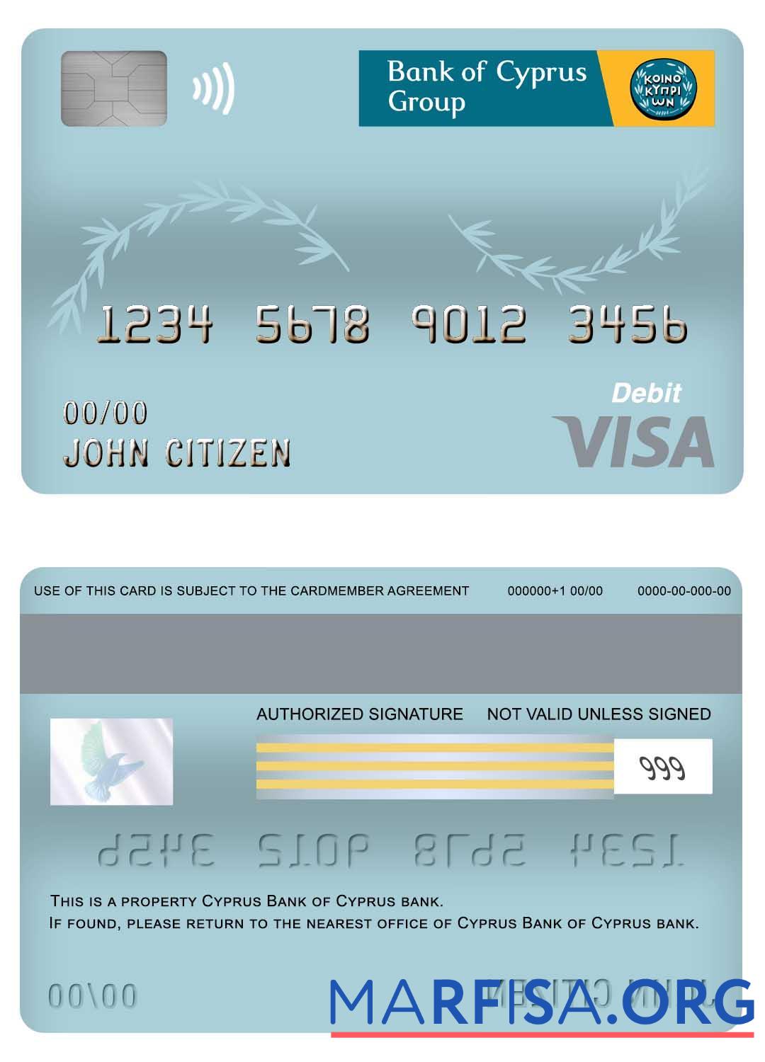 Blank Cyprus Bank of Cyprus visa debit card sample